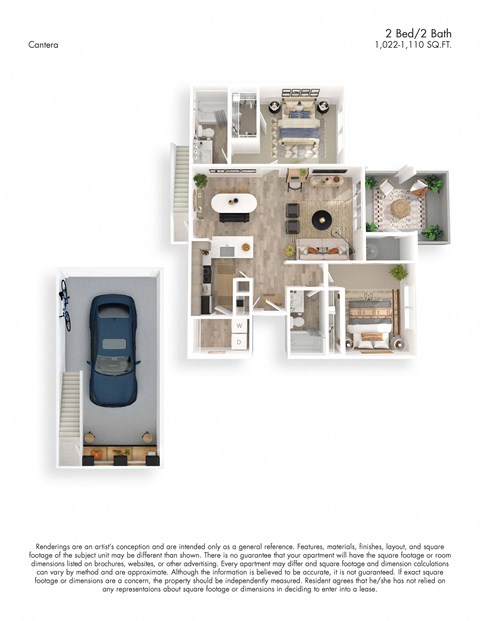 Floor plan for 2 beds, 2 baths, 1022 sqft